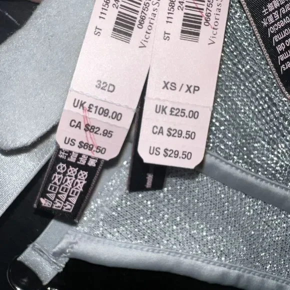 NWT Victoria's Secret unlined 32D BRA SET XS defect itsy panty SILVER gray Chain - Picture 6 of 8